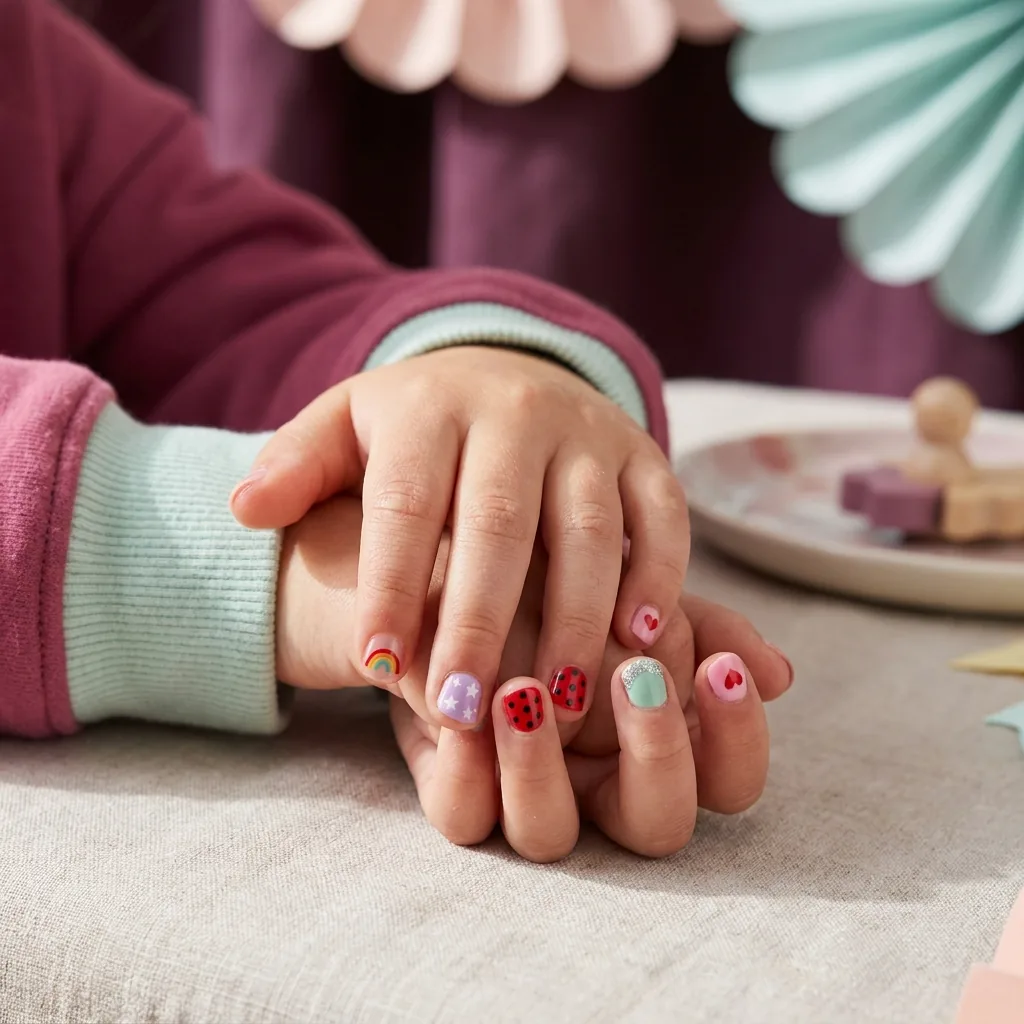 A child’s fingertips with nail art: a tiny rainbow, white stars on lilac, red ladybird dots and a mint nail with a pink heart.