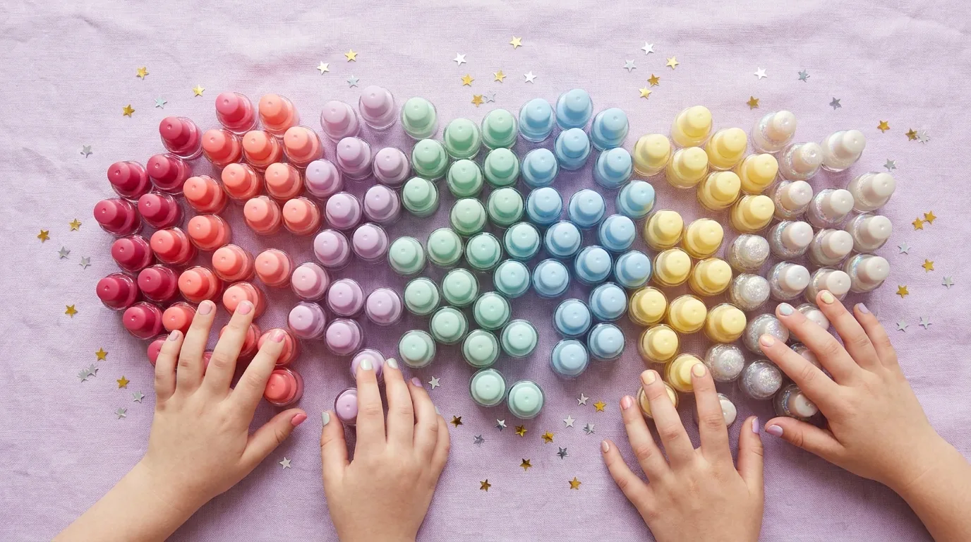 Rows of mini polish bottles arranged in a rainbow on a lilac cloth, with small hands reaching in to choose.