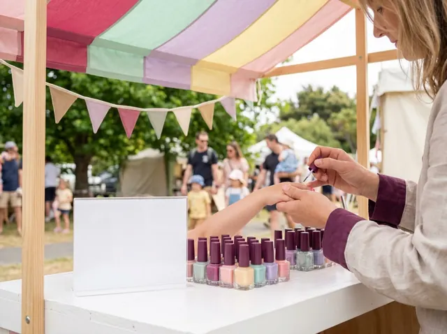 A pastel striped nail stall at an outdoor school fair, with a child’s hand being painted at a table of polish bottles.