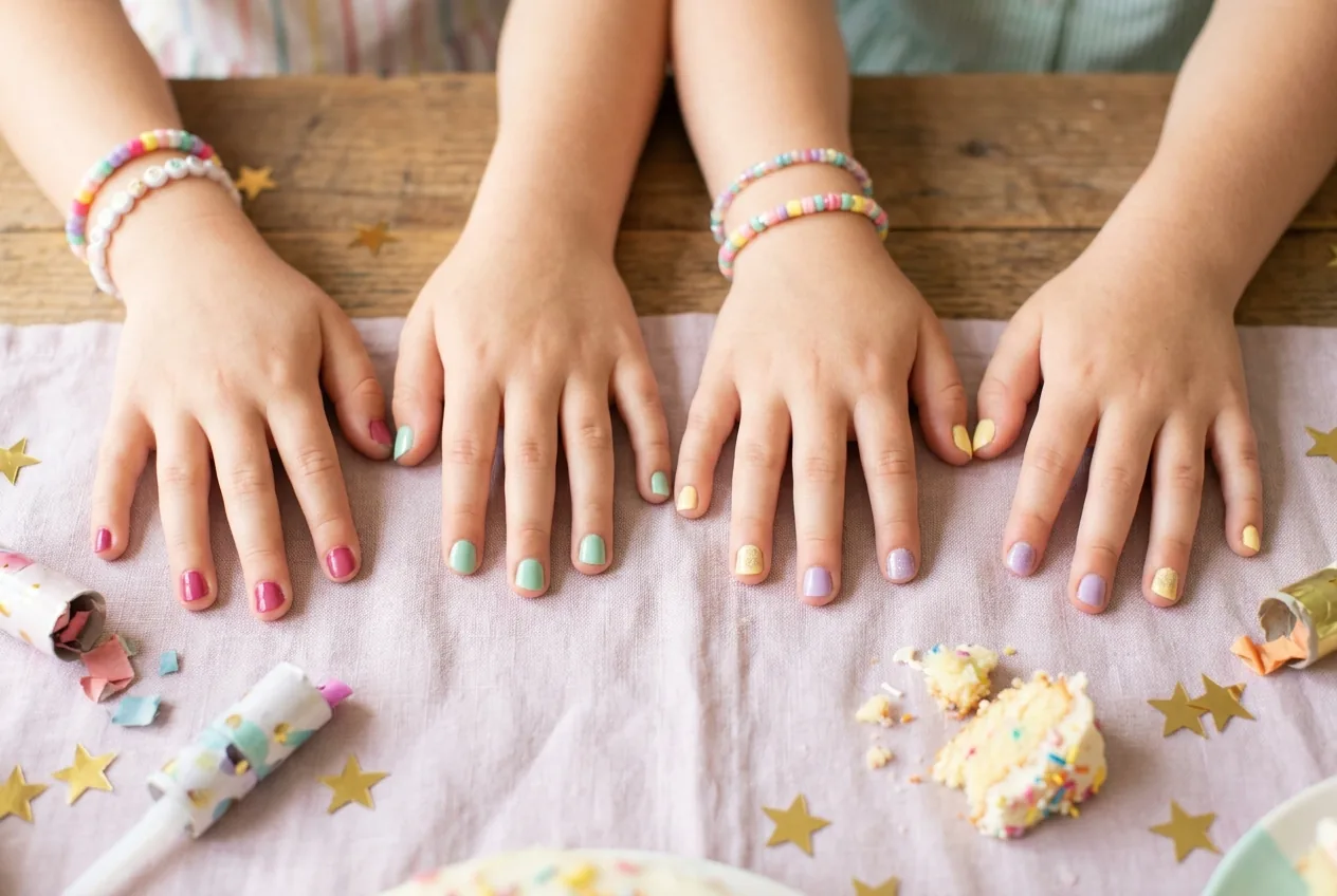 Four children’s hands side by side on a party table, all with freshly painted pastel nails, among confetti and birthday cake crumbs.
