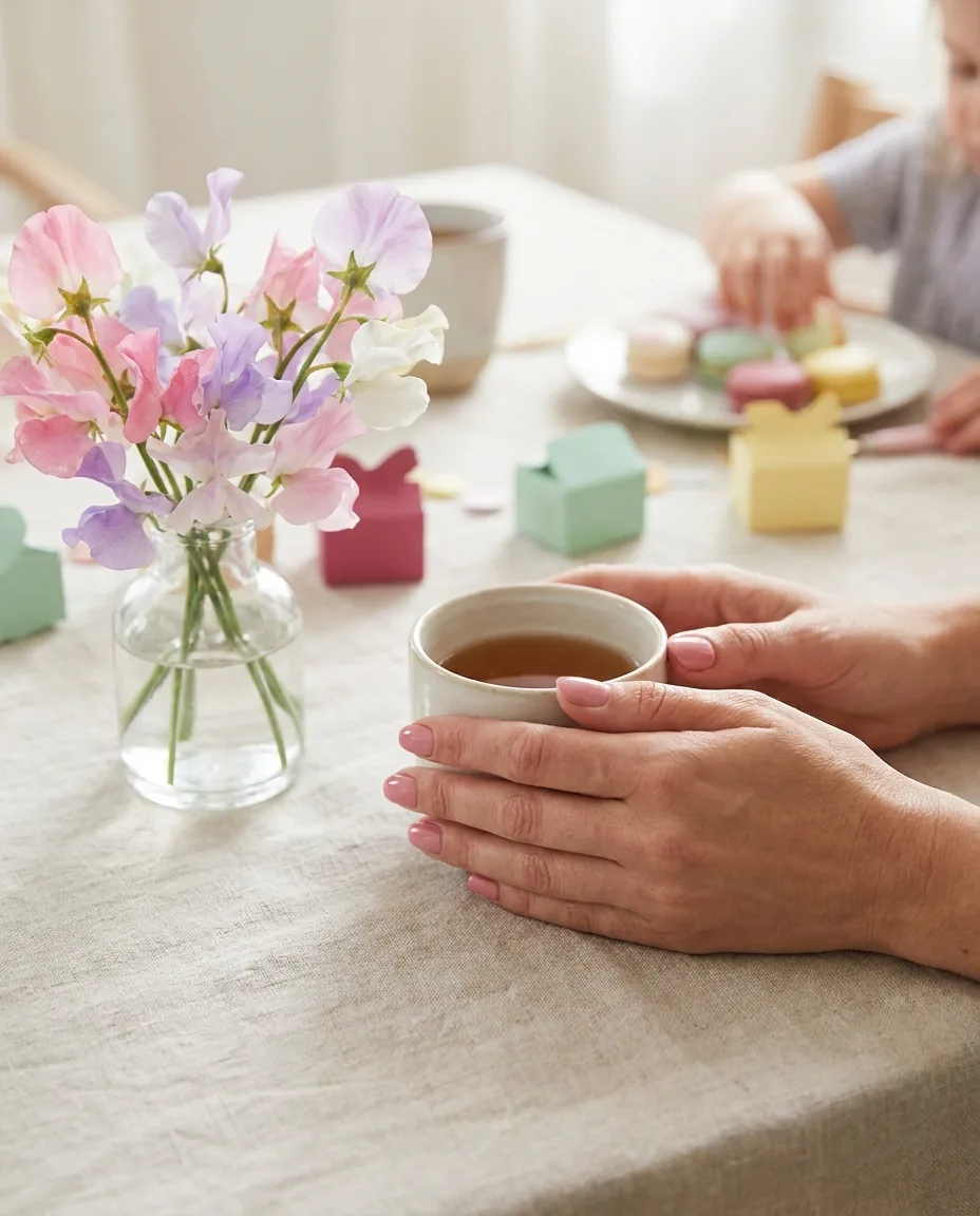 An adult’s hands with a glossy rose-pink manicure, holding a cup of tea beside a vase of sweet peas.