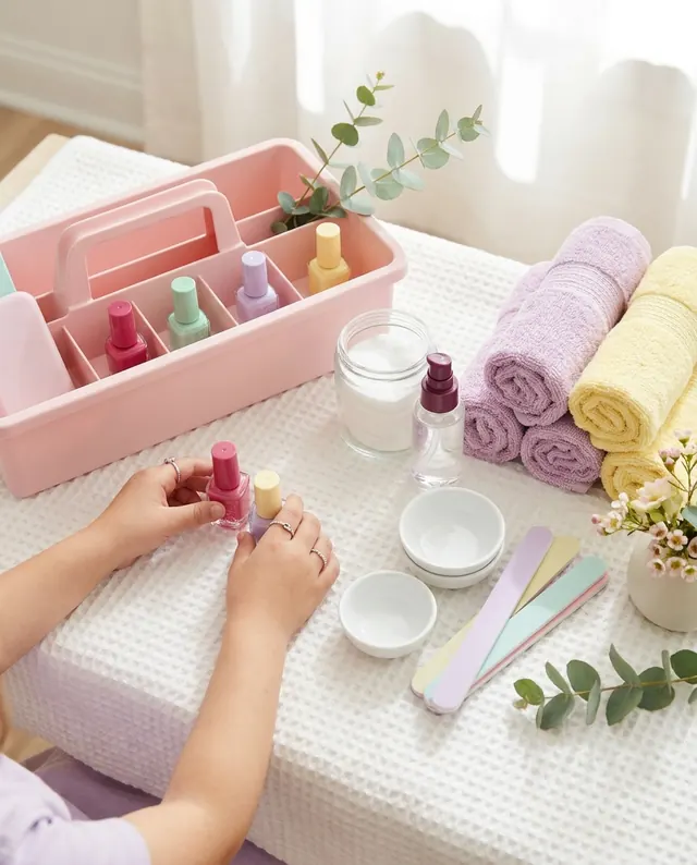 Shayne’s nail kit laid out on a white towel: a pink caddy of polish, nail files, cotton rounds in a jar, clean bowls and hand sanitiser.