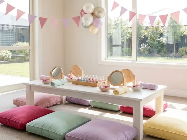 A low white table set up as a mini nail salon in a sunny lounge, with pastel cushions, round mirrors, rows of polish and bunting.